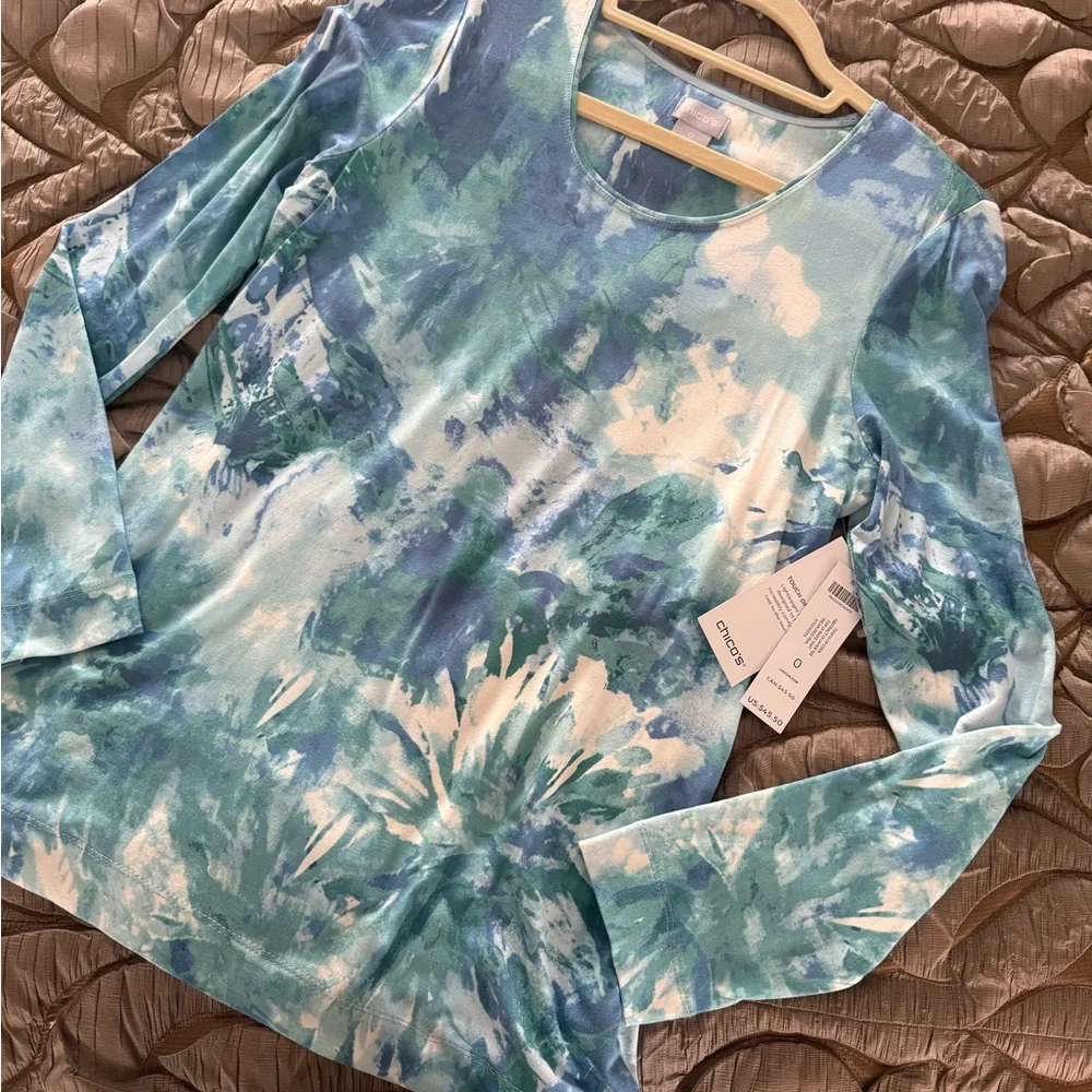 Chico's Teal and White Long Sleeve Top - Picture 3 of 5